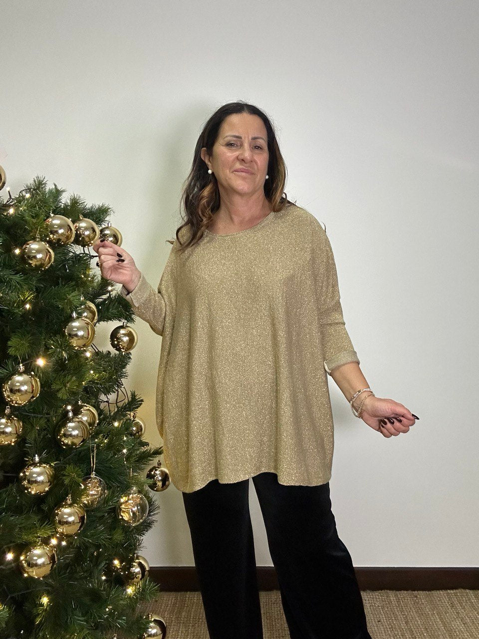 Completo Natalia maglia girocollo in lurex con cardigan