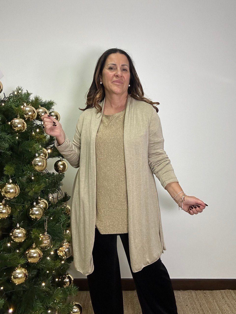 Completo Natalia maglia girocollo in lurex con cardigan