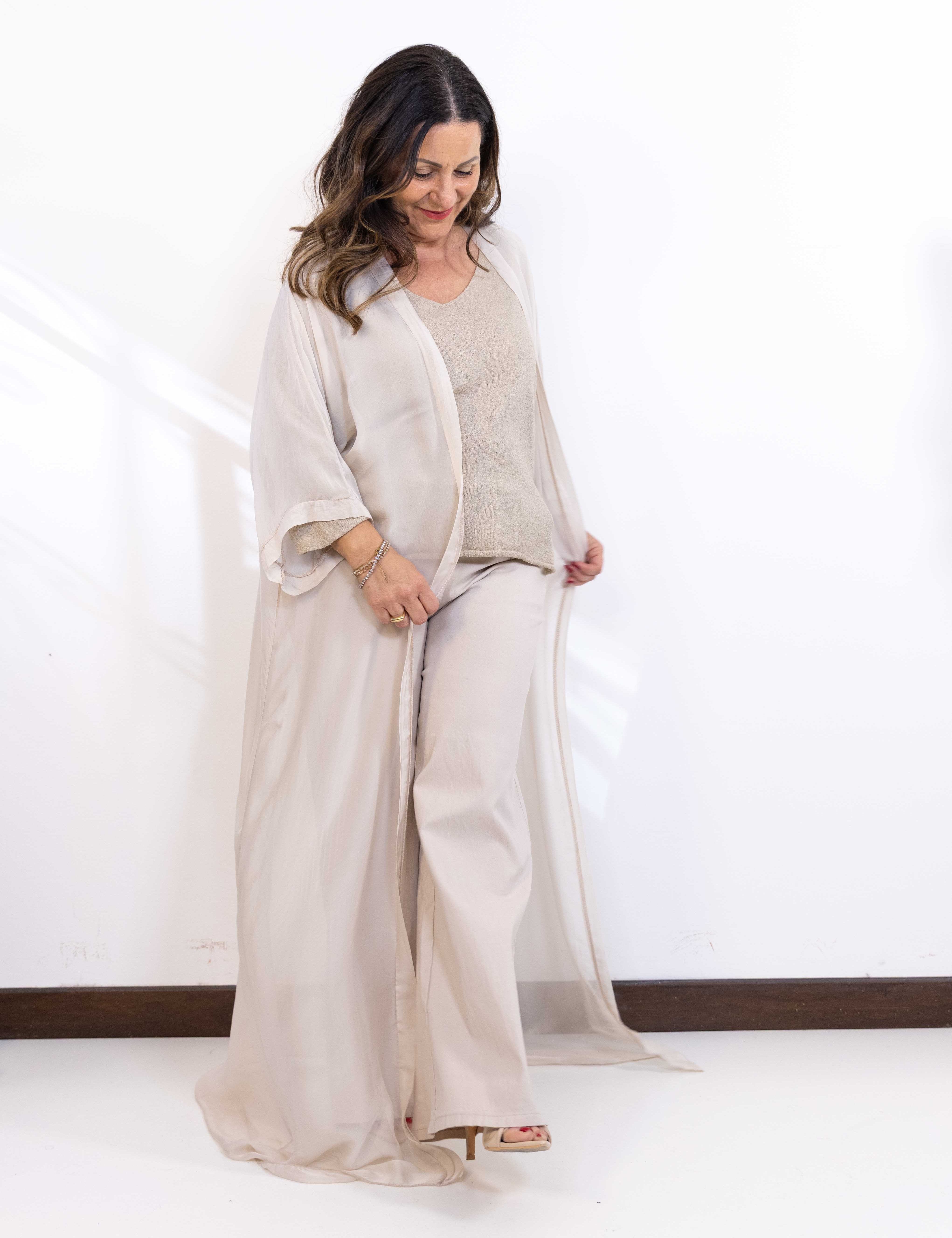 Kimono Akira lungo misto seta crema