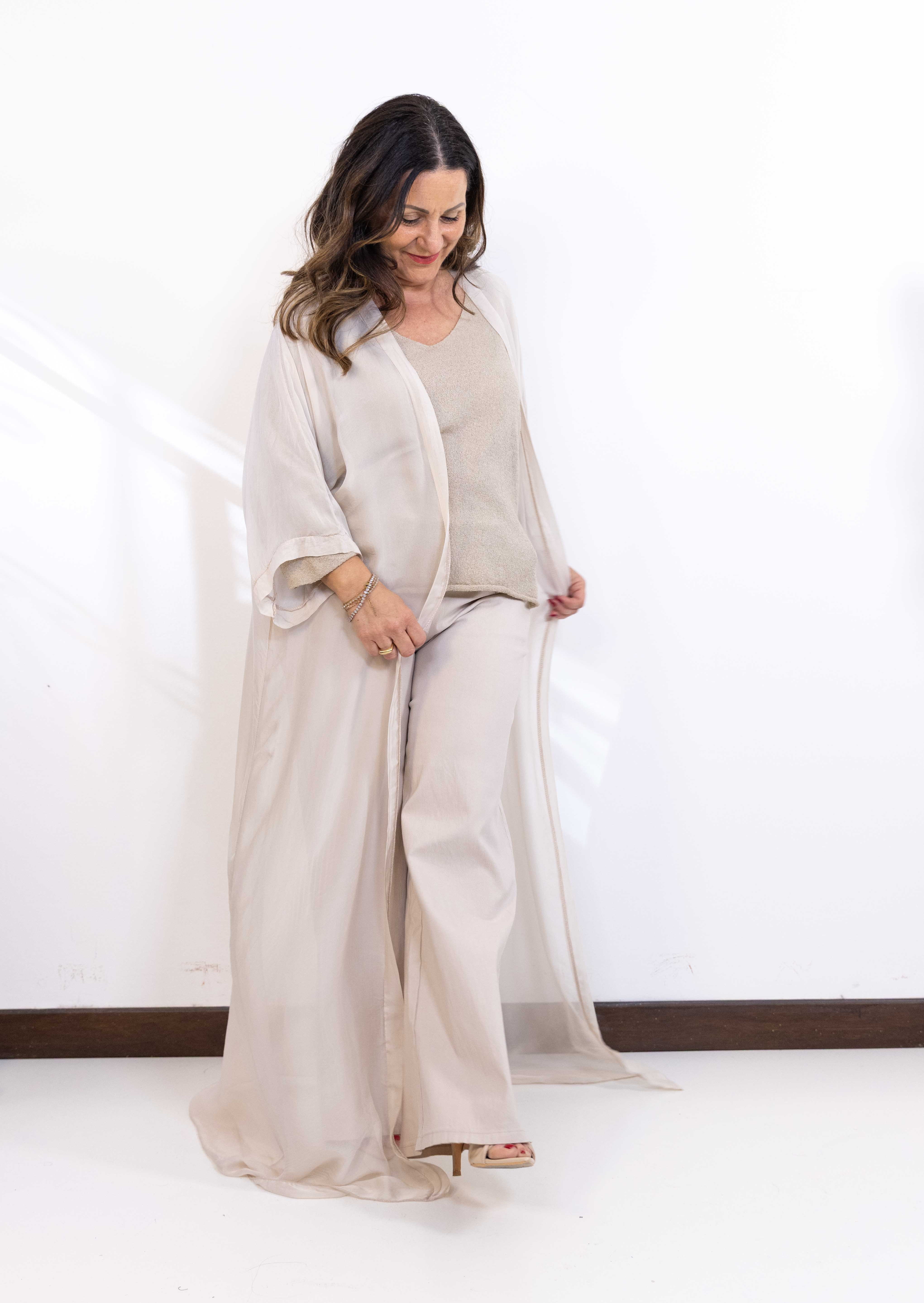 Kimono Akira lungo misto seta crema
